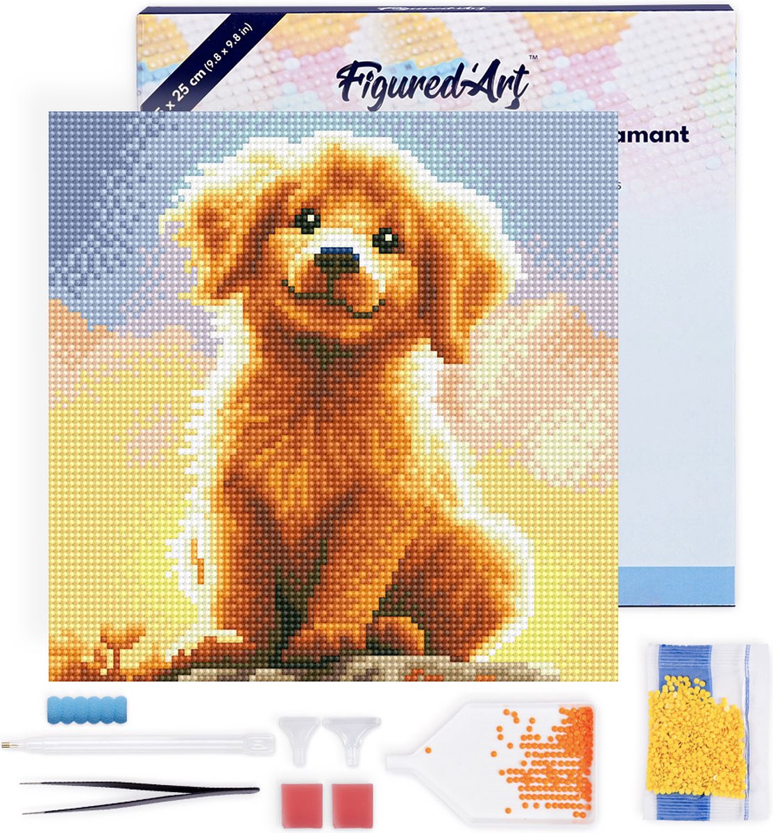 FiguredArt Mini Diamond Painting set Volwassenen 25x25 cm met lijst Schattige Golden Retriever Pup - 5D DIY Art full drill ronde diamant - Canvas al ingelijst